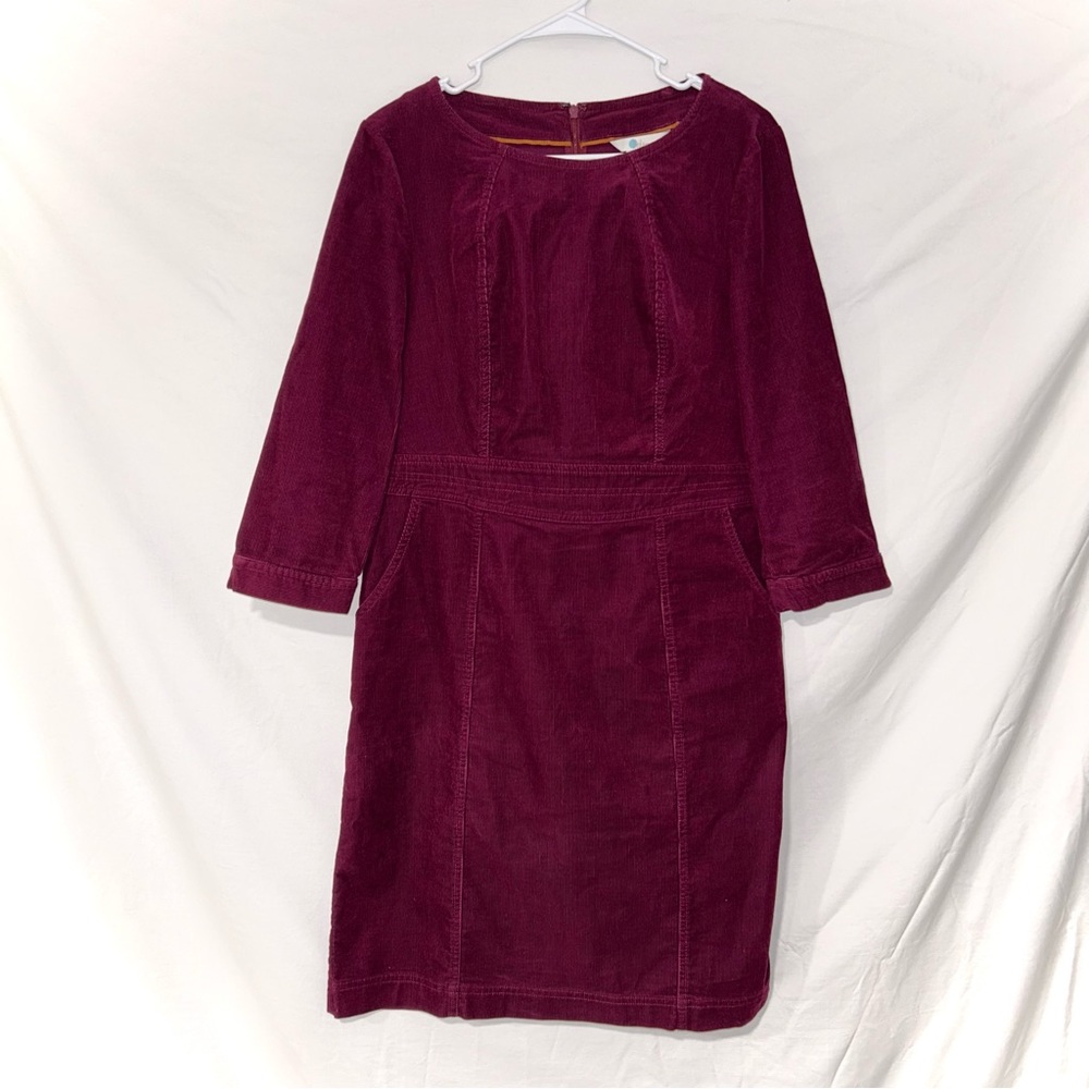 Boden Corduroy Burgundy Wine 3/4 Sleeve Knee Length Shift Dress 10 Long